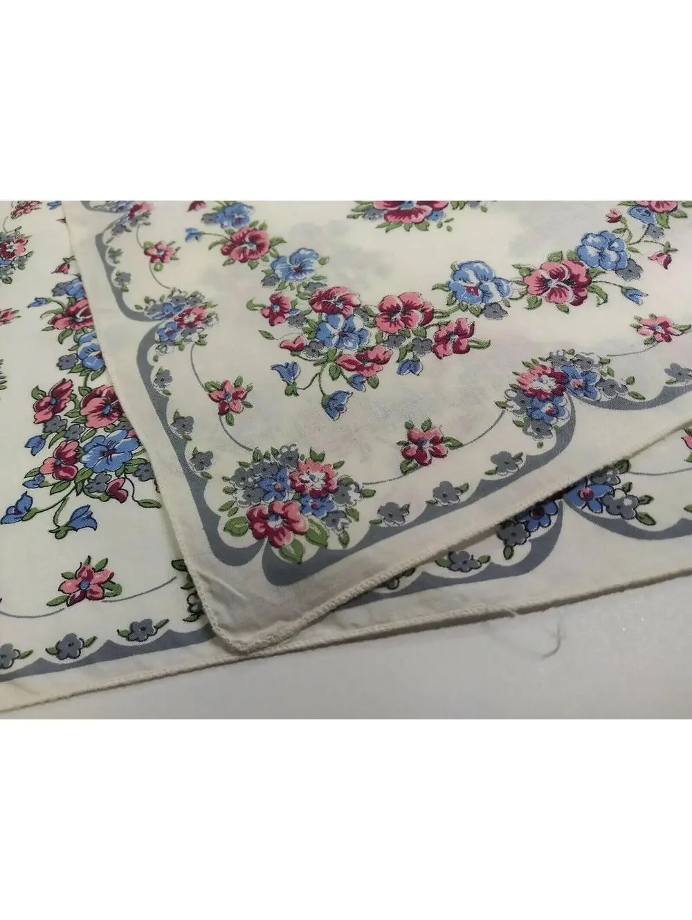 Vintage Hankie Cotton Gray White Floral Periwinkle Floral Handkerchief Placemat